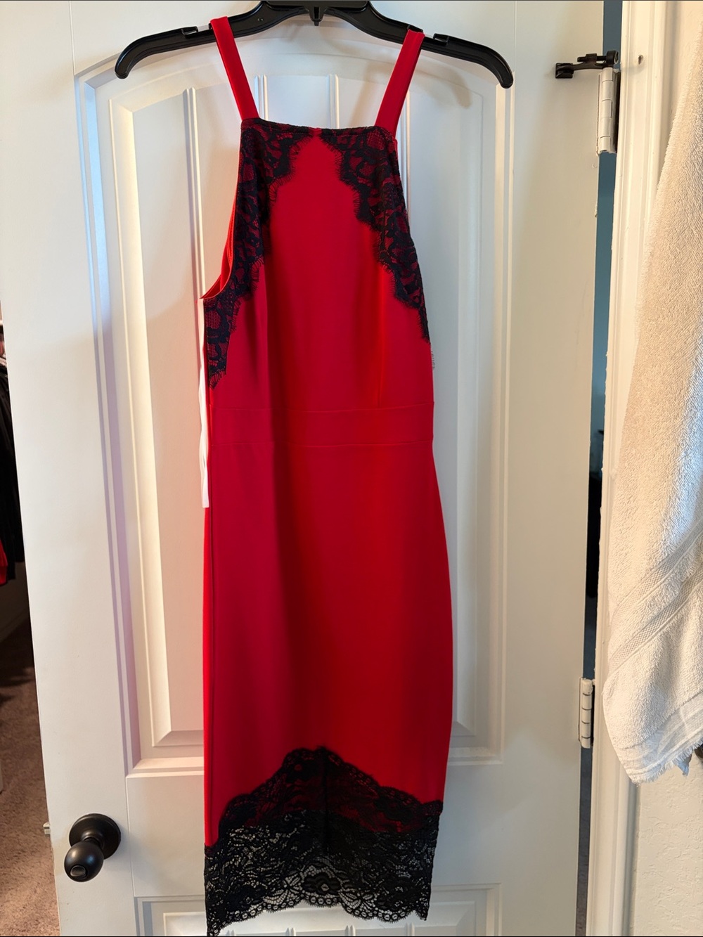 Bright red Charlotte Russe dress with black lace